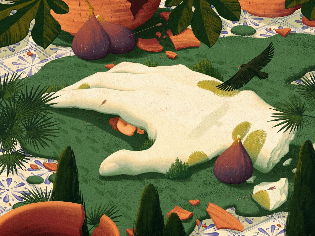 Иллюстративный натюрморт с кремовой рукой, инжиром, цитрусами, тропическими растениями и чёрной птицей на зелёном фоне
